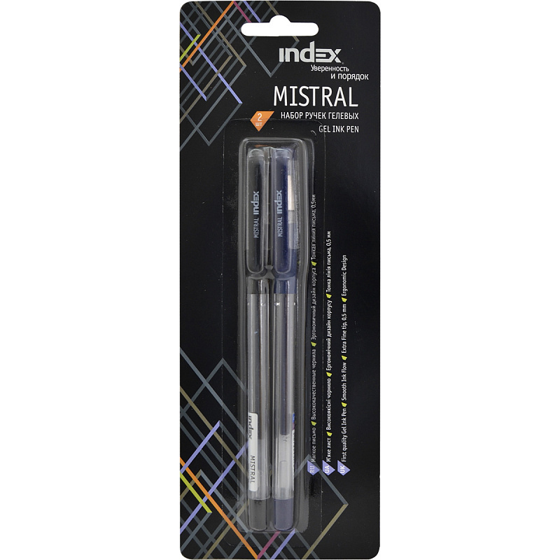 Набор гелевых ручек INDEX MISTRAL, пластиковый корпус, 0,5мм, черный и синий, 2 шт.