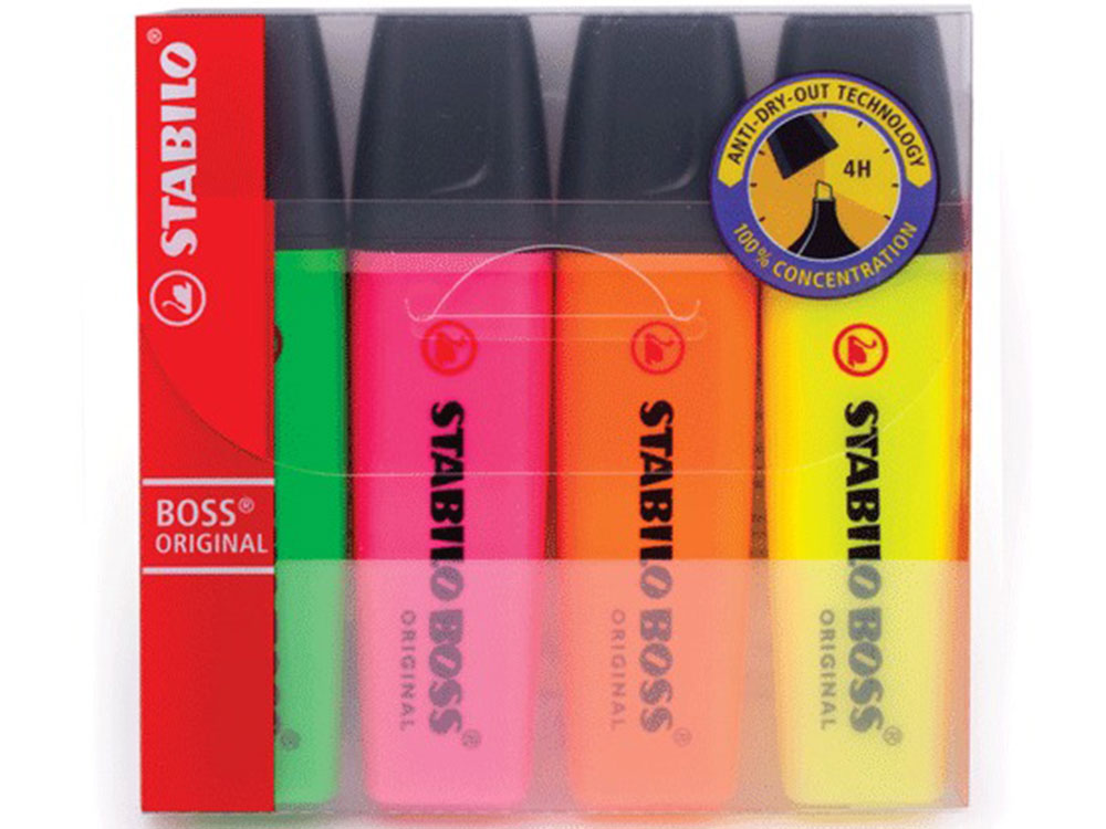 

Текстмаркеры STABILO, набор 4 шт., "Boss", скошенный наконечник 2-5 мм