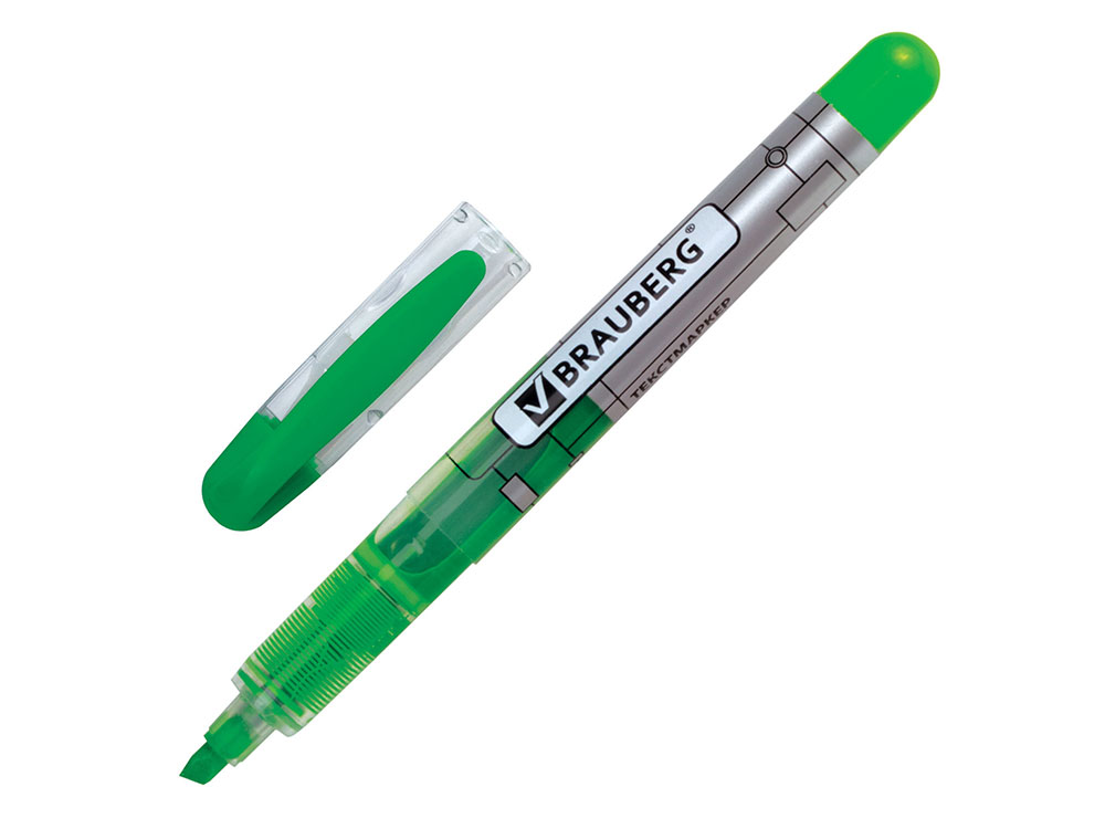 

Текстмаркер BRAUBERG "Fluo Color", жидкие чернила, круглый корпус, скошенный наконечник 1-3 мм, зеленый