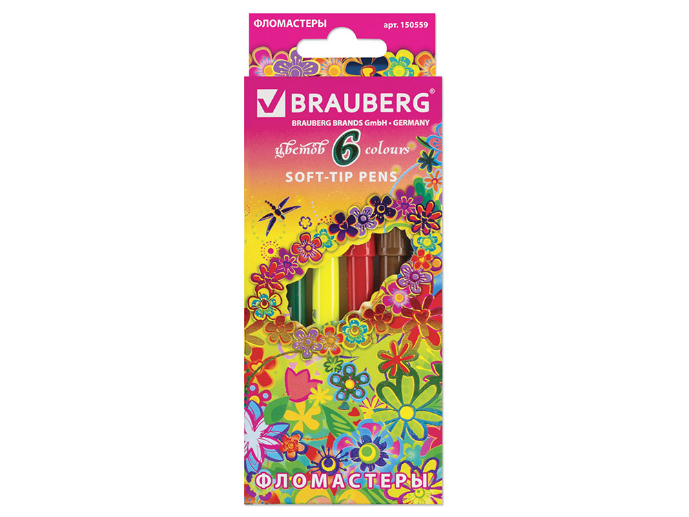 Фломастеры BRAUBERG Blooming flowers, 6 цветов, вентилируемый колпачок, картонная упаковка
