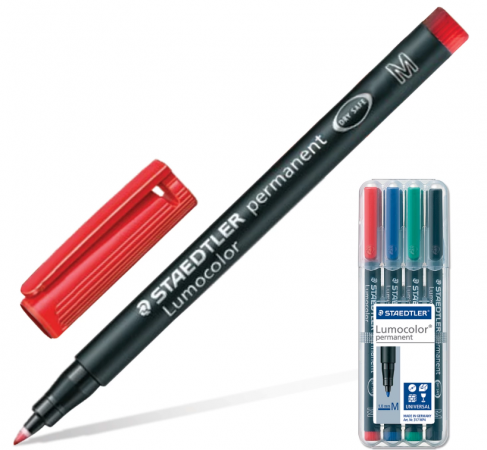 

Набор маркеров перманентных Staedtler "Lumocolor" 1 мм 4 шт синий зеленый черный красный