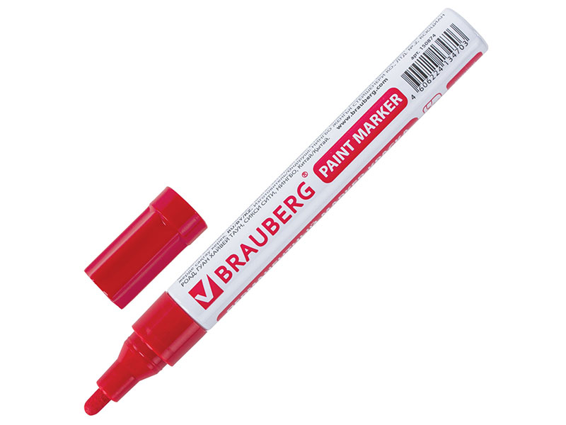 

Маркер-краска лаковый (paint marker), 2-4 мм, красный, нитро-основа, алюминиевый корпус, BRAUBERG