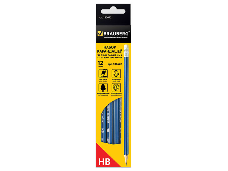 

Карандаши чернографитные BRAUBERG "ZTX", НАБОР 12 шт., HB, с резинкой, синий корпус, картонная упаковка