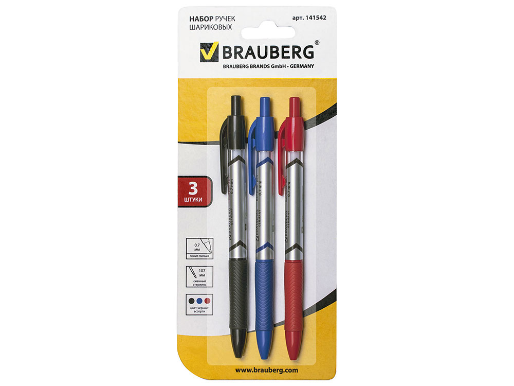 

Набор шариковых ручек автоматических BRAUBERG "Leader" 141542 3 шт синий красный черный 0.35 мм