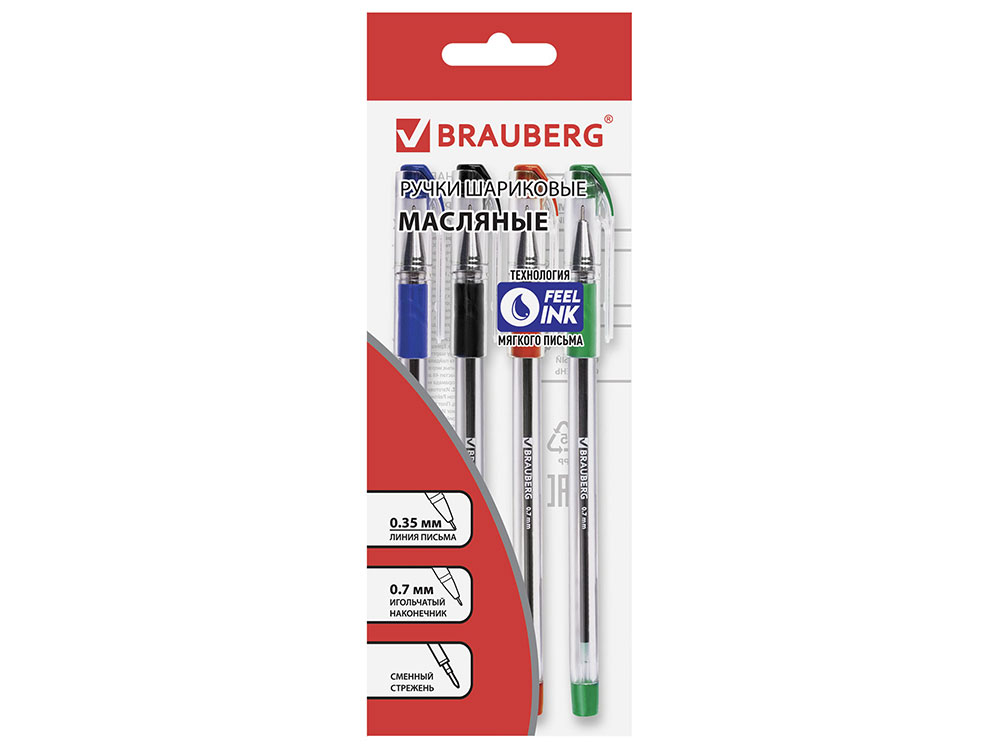 

Набор шариковых ручек масляная BRAUBERG "Max-Oil" 4 шт, синий, красный, черный, зеленый, 0.35 мм