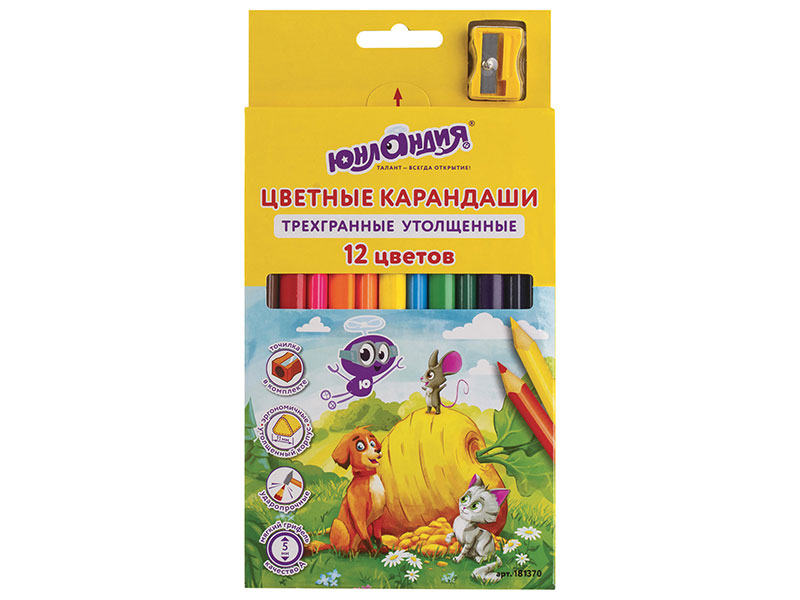 

Карандаши цветные утолщенные ЮНЛАНДИЯ "СКАЗОЧНЫЙ МИР", 12 цветов, трехгранные, с точилкой
