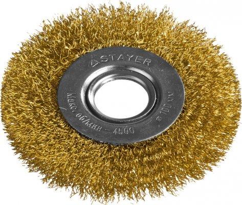 

Кордщетка STAYER PROFESSIONAL 35122-100 д/УШМ витая стальная латун.проволока 0.3мм 100мм/22мм