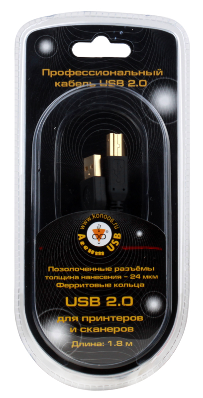 

Кабель USB 2.0 AM/BM 1.8м Konoos, проф., черный, зол. разъемы., феррит. кольца