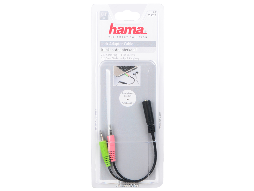 

Переходник Hama 2x3.5 мм Jack (m) - 4 pin 3.5 мм Jack (f) цветная кодировка разъемов черный H-54572