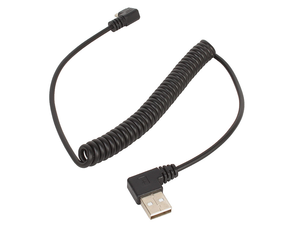 Кабель ORIENT MU-215T2 витой (спиральный) Micro USB 2.0, Am - micro-Bm (5pin) угловой, правый поворот 90град, 1.5 м, черный