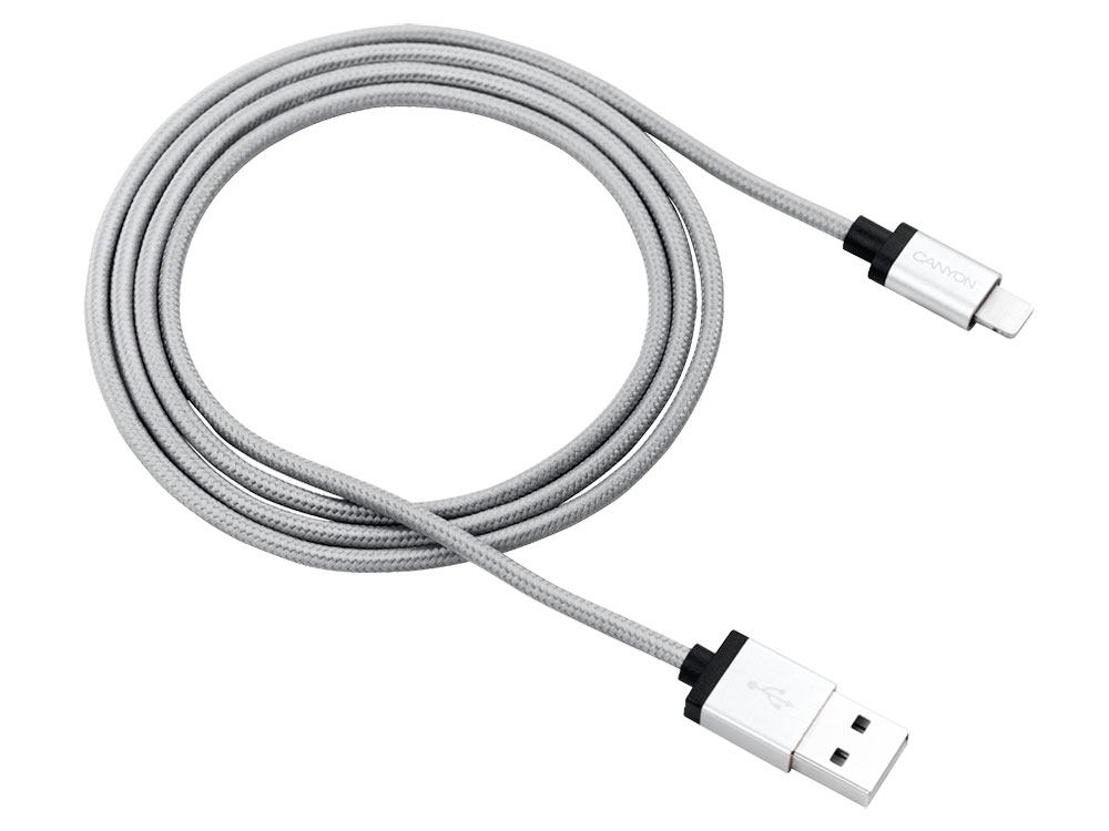 Кабель Lightning/USB, Charge & Sync MFI плетеный кабель с металлической оболочкой, certified by Apple, 1m, 0.28mm, Dark gray CANYON CNS-MFIC3DG