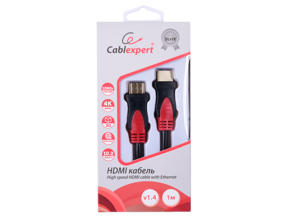 

Кабель HDMI Cablexpert, серия Silver, длина 1 м, v1.4, M/M, позол.разъемы, феррит. кольца, коробка