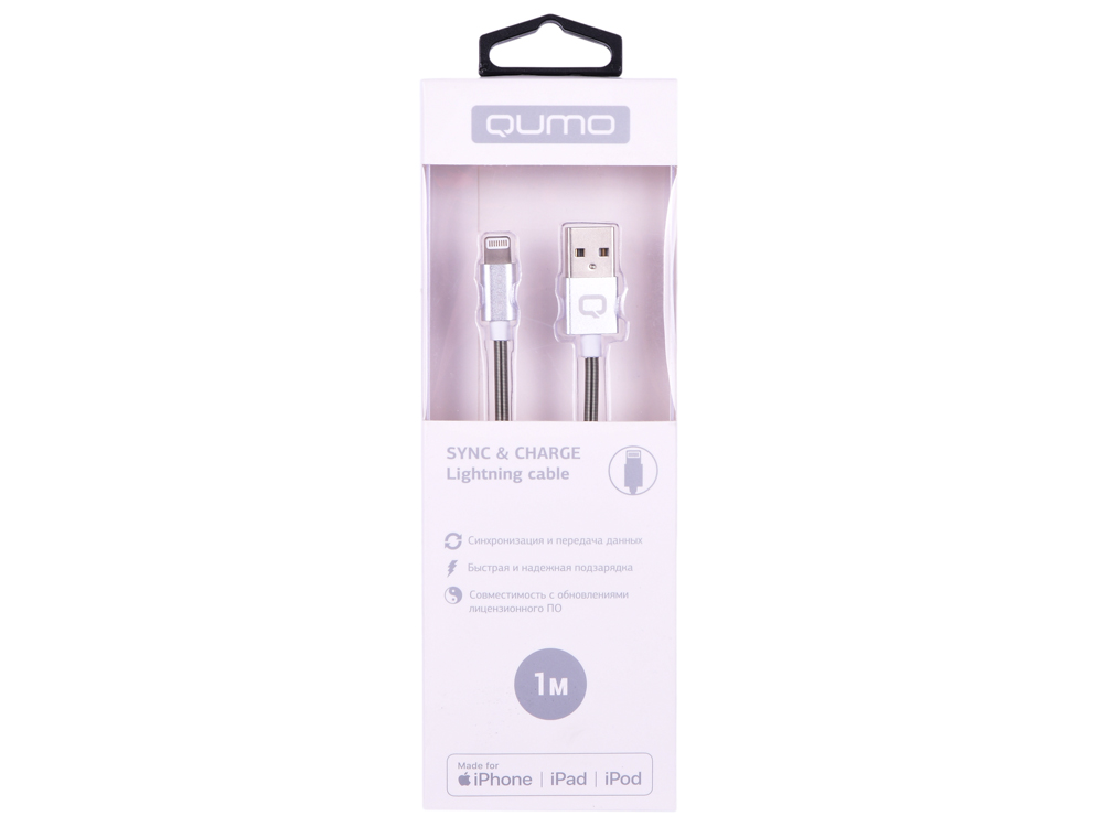 

Кабель Qumo, MFI С48, USB-Apple 8 pin, 1м, 5В, 2,4A, 12Вт, опл. PVC/пружинка у коннектора, кон. металл, серебро