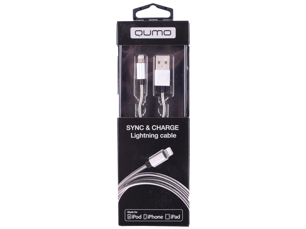 

Кабель Qumo, MFI С48, USB-Apple 8 pin, 1м, 5В, 2,4A, 12Вт, опл. металл. пружинка, кон. металл, серебро