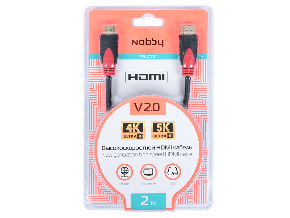 

Кабель HDMI-HDMI Nobby Practic NBP-HC-20-01 v2.0, 2 м., 14,4 Гбит/с., 60Гц, высокоскоростной