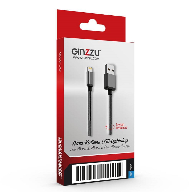 

Кабель Ginzzu GC-550B, Дата-кабель Lightning/USB, нейлон, 1,2 м, черный
