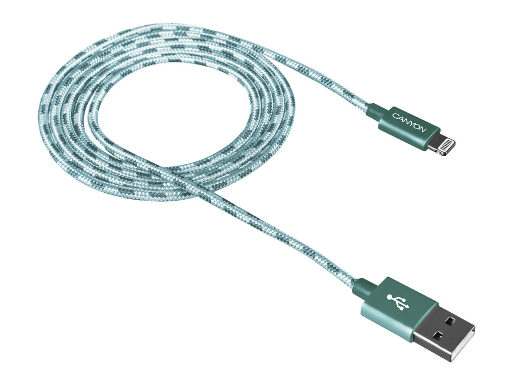 Кабель Lightning/USB, braided, metallic shell, cable length 1m, Green CANYON CNE-CFI3G