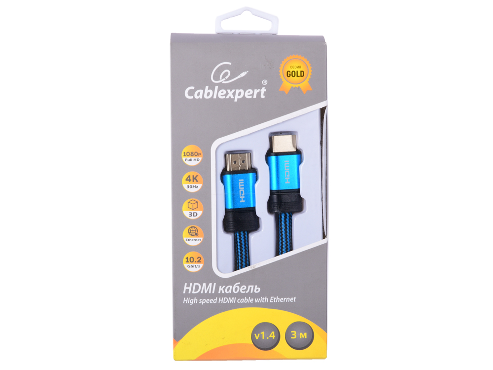 

Кабель HDMI Cablexpert, серия Gold, 3 м, v1.4, M/M, синий, позол.разъемы, алюминиевый корпус, нейлоновая оплетка, коробка