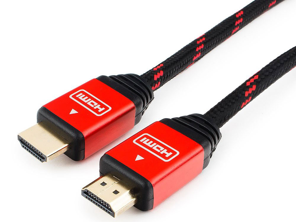 Кабель HDMI Cablexpert, серия Gold, 1м, v1.4, M/M, красный, позол.разъемы, алюминиевый корпус, нейлоновая оплетка, коробка