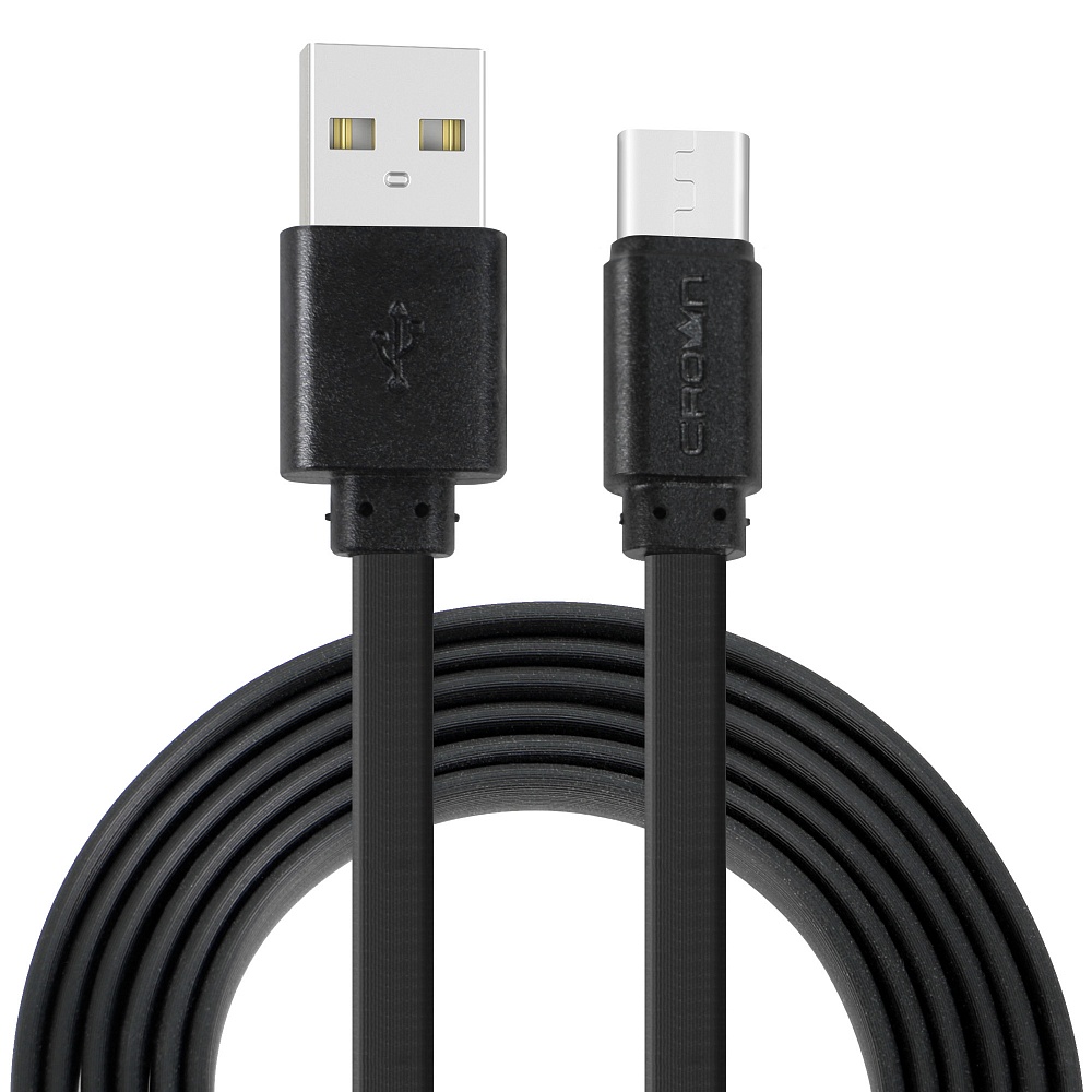 Кабель Crown USB - USB Type-C CMCU-3022C black; плоский; в оплётке ПВХ; коннекторы ПВХ; ток 2А; 100