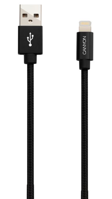 Кабель CANYON Charge & Sync MFI braided cable with metalic shell, USB to lightning, certified by Apple, cable length 1m, OD2.8mm, Black power sync usb 3 0 am am cable 3m length