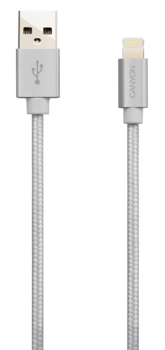 Кабель CANYON Charge & Sync MFI braided cable with metalic shell, USB to lightning, certified by Apple, cable length 1m, OD2.8mm, Pearl White power sync usb 3 0 am am cable 3m length