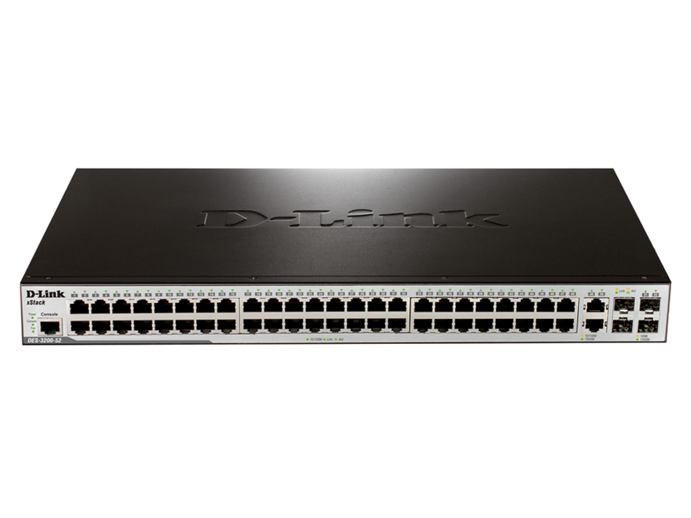

Коммутатор D-Link DES-3200-52/C1B Управляемый коммутатор 2 уровня с 48 портами 10/100Base-TX, 2 портами 100/1000Base-X SFP и 2 комбо-портами 100/1000B