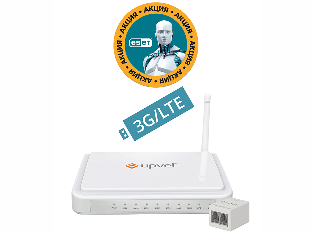 

Маршрутизатор UPVEL UR-344AN4G bandle 3G/LTE ADSL2+/Ethernet Wi-Fi роутер 802.11n 150 Мбит/с Бонус ESET Nod32 Smart Security 3 мес. бесплатно + Карто