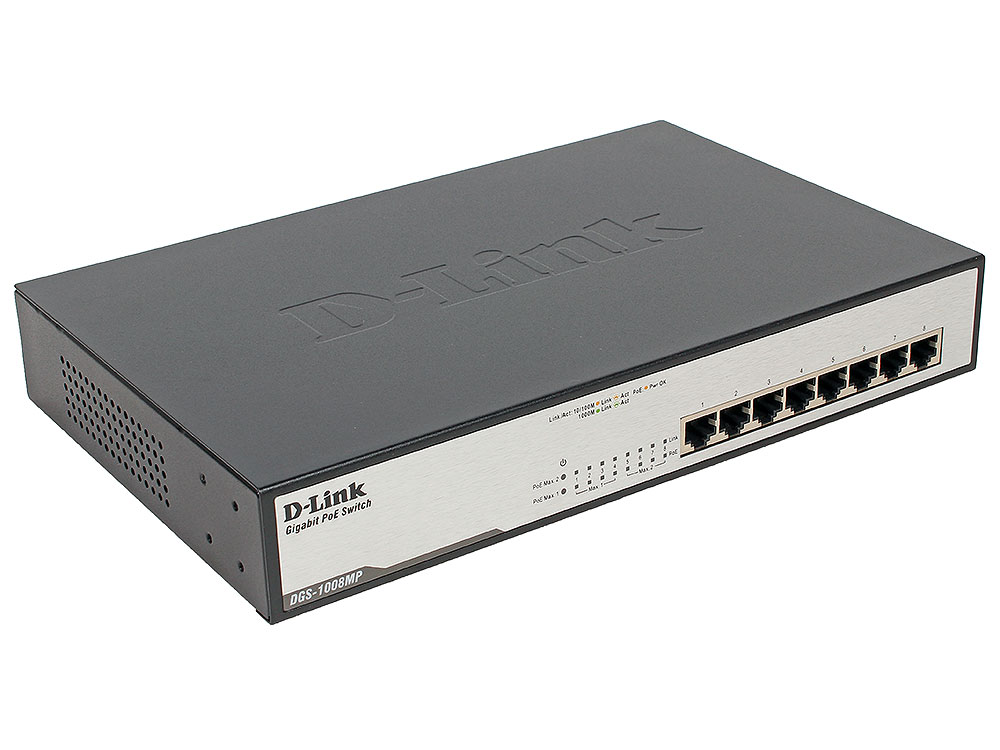 

Коммутатор D-Link DGS-1008MP/A1A Неуправляемый коммутатор с 8 портами 10/100/1000Base-T с поддержкой PoE 802.3af/802.3at (30 Вт, PoE-бюджет 140 Вт) и