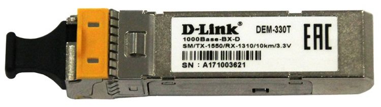 

Модуль D-Link 330T/10KM/A1A WDM SFP-трансивер с 1 портом 1000Base-BX-D (Tx:1550 нм, Rx:1310 нм) для одномодового оптического кабеля (до 10 км)