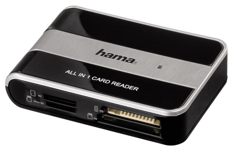 

Картридер внешний Hama H-49016 USB2.0 All in One черно-серебристый