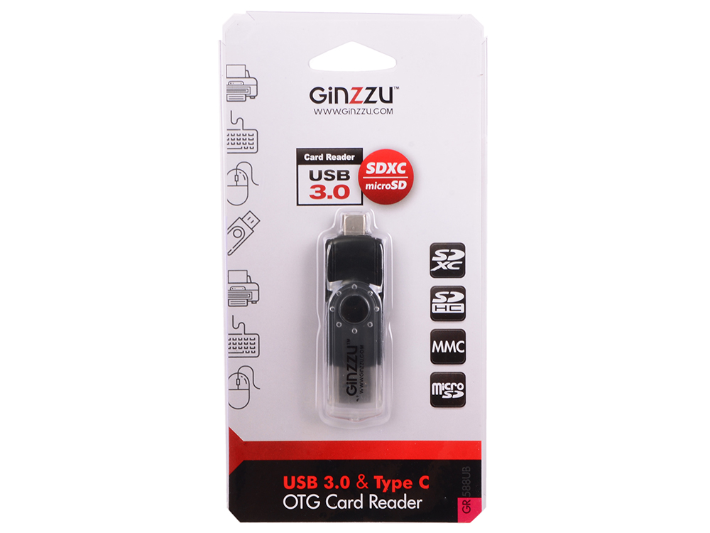Картридер Ginzzu GR-588UB USB 3.0/Type C черный OTG переходник-картридер для компьютеров и смартфонов, поддержка форматов SD/SDXC/SDHC/MMC и microSD/SDXC/SDHС