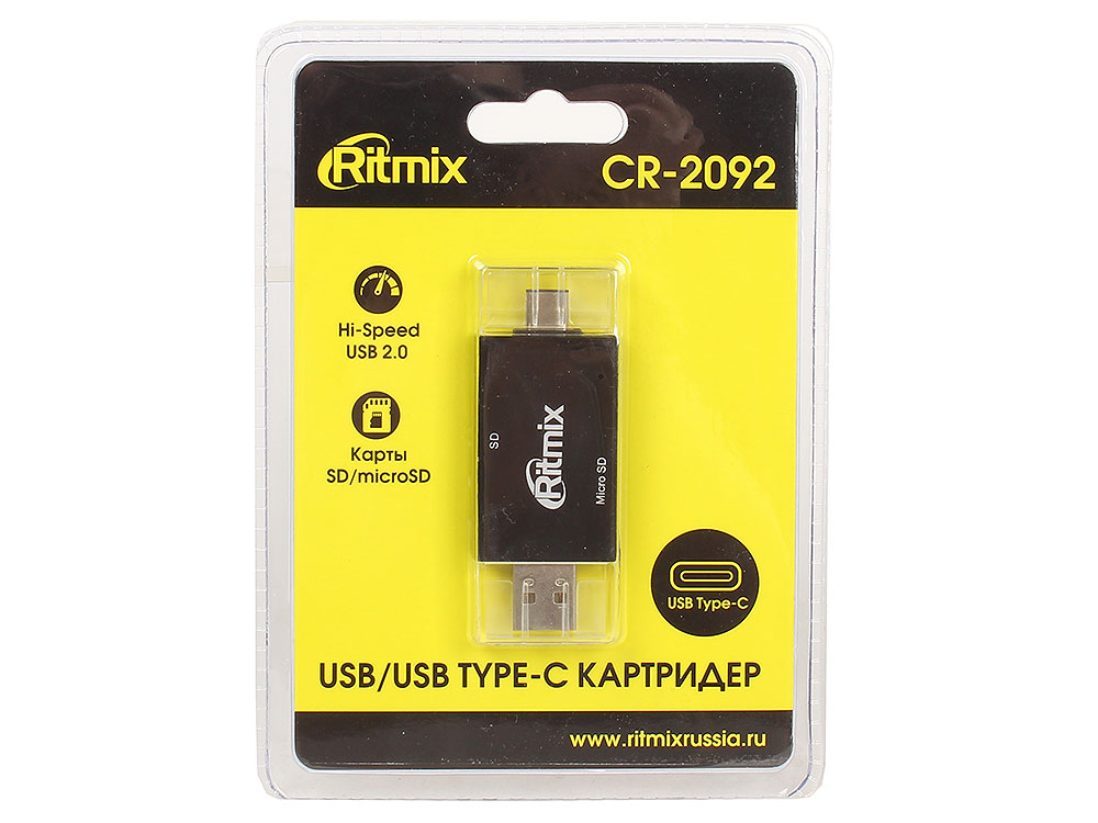 

Картридер RITMIX CR-2092 black USB Type-C/USB, SD, microSD, Plug-n-Play