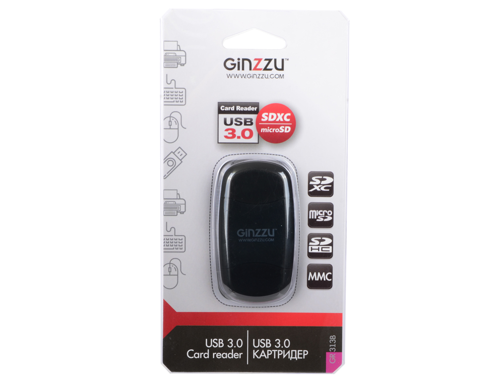 

Картридер Ginzzu GR-313B с интерфейсом USB 3.0, SD/SDXC/SDHC/MMC и microSD, черный