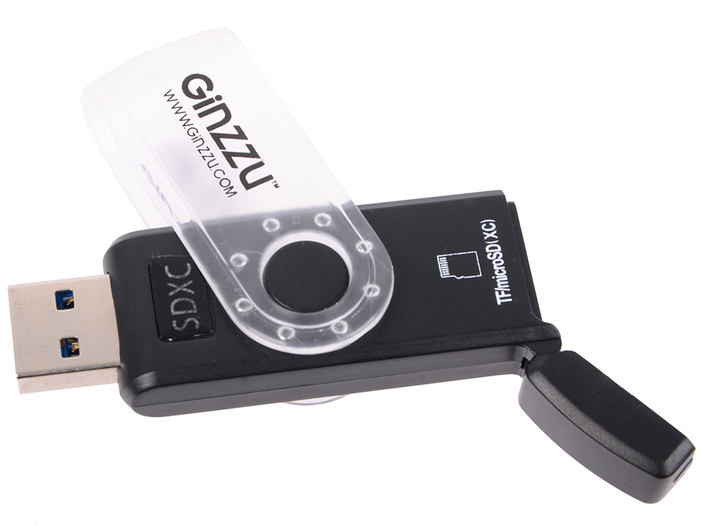 

Картридер Ginzzu GR-322B с интерфейсом USB 3.0, SD/SDXC/SDHC/MMC и 2 x microSD/microSDXC/microSDHС, черный