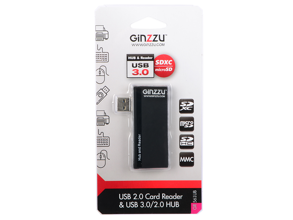 Картридер универсальный Ginzzu GR-561UB черный USB 2.0, SD/SDXC/SDHC/MMC, 2 слота - microSDXC/SDXC/SDHC + порт USB 3.0 + порт USB 2.0
