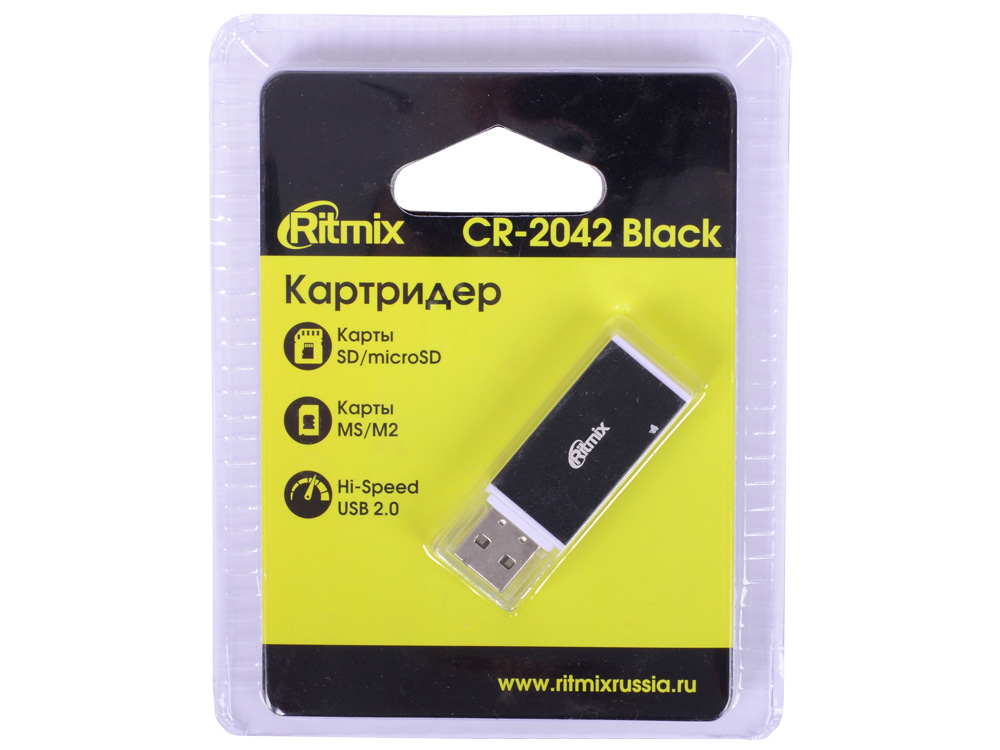 Картридер RITMIX CR-2042 black, SD/microSD, поддерживает SD, microSD, MS, M2 карты памяти, Plug-n-Play, питание от USB, 5В, скорость, до 480 Мбит/с