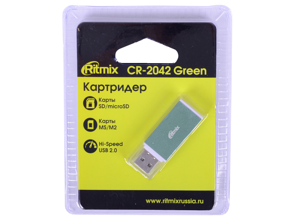 

Картридер RITMIX CR-2042 green, SD/microSD, поддерживает SD, microSD, MS, M2 карты памяти, Plug-n-Play, питание от USB, 5В, скорость, до 480 Мбит/с