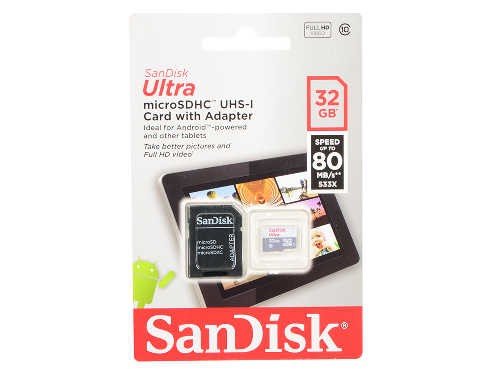 

Карта памяти Micro SDHC 32Gb Class 10 Sandisk SDSQUNS-032G-GN6TA + адаптер SD