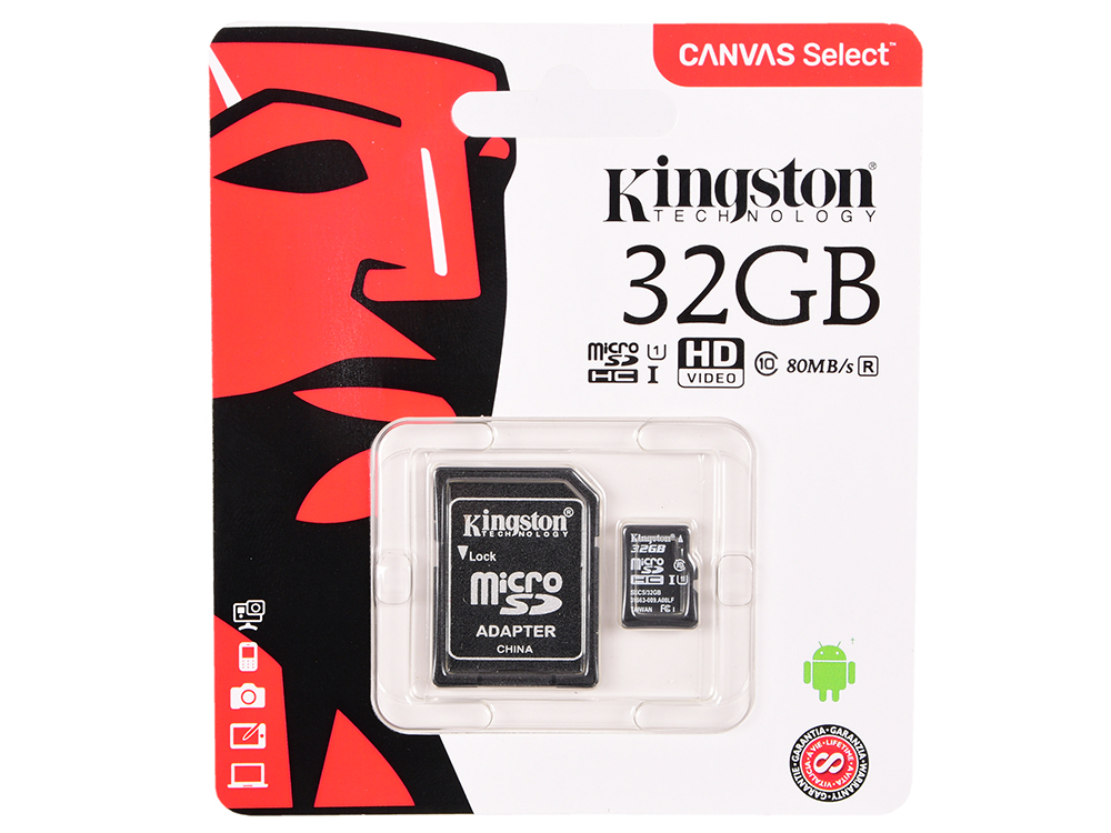 

Карта памяти MicroSDHC 32GB Kingston Canvas Select 80R CL10 UHS-ISP с адаптером SDCS/32GB