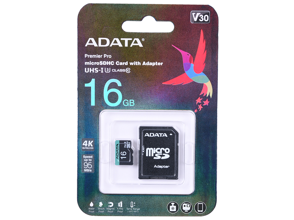 Карта памяти 16GB ADATA Premier Pro microSDXC/SDHC UHS-I U3 Class 10(V30S) 100MB/60MB/s с адаптером