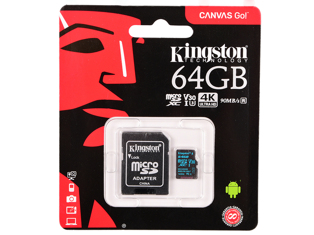 

Карта памяти MicroSDXC 64GB Kingston Class UHS-I U3 V30 Canvas Go + адаптер [SDCG2/64GB]