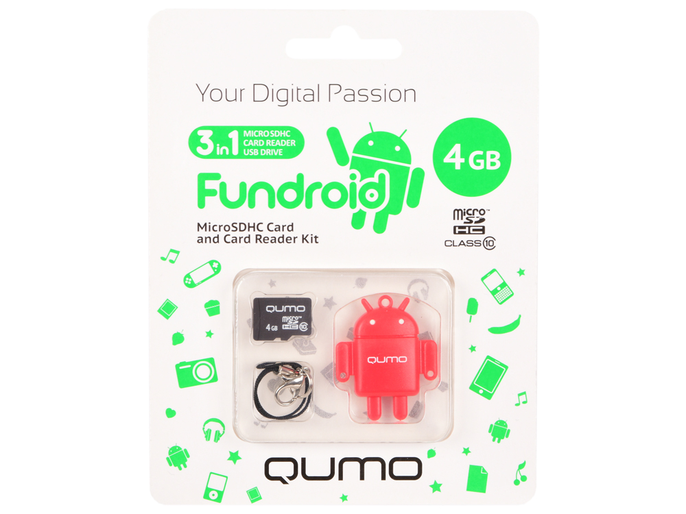 

Карта памяти Micro SDHS 4GB class 10 Qumo + USB картридер FUNDROID красный