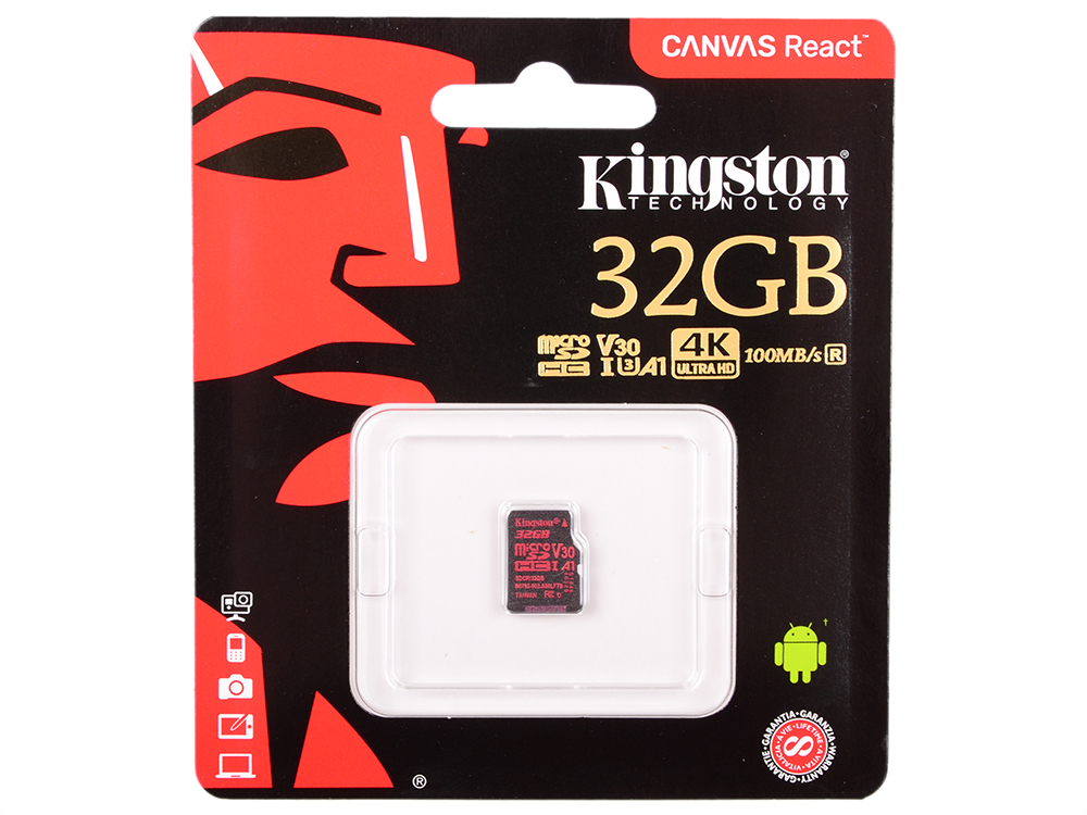 

Карта памяти MicroSDHC 32GB Kingston Class10 Canvas React без адаптера (SDCR/32GBSP)