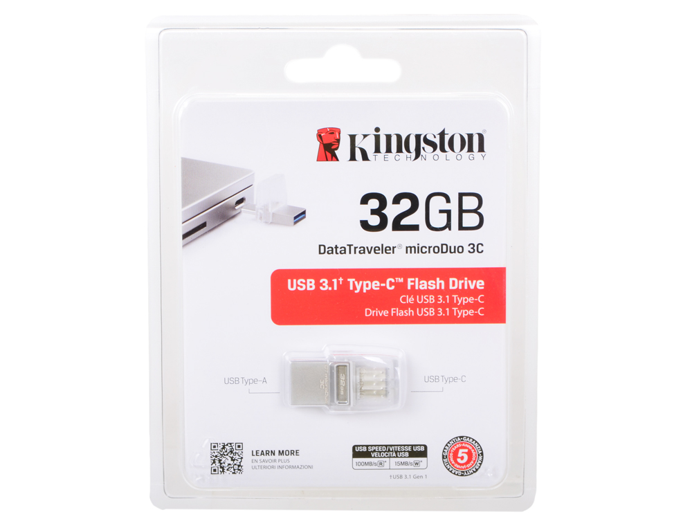 USB флешка Kingston DataTraveler DTDUO3C 32Gb Silver (DTDUO3C/32GB) USB 3.1/USB 3.1 Type-C / 100 Мб/с / 15 Мб/с