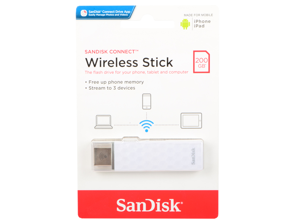 

USB флешка Sandisk Connect Wireless Stick 200GB Silver (SDWS4-200G-G46) USB 2.0, Wi-Fi