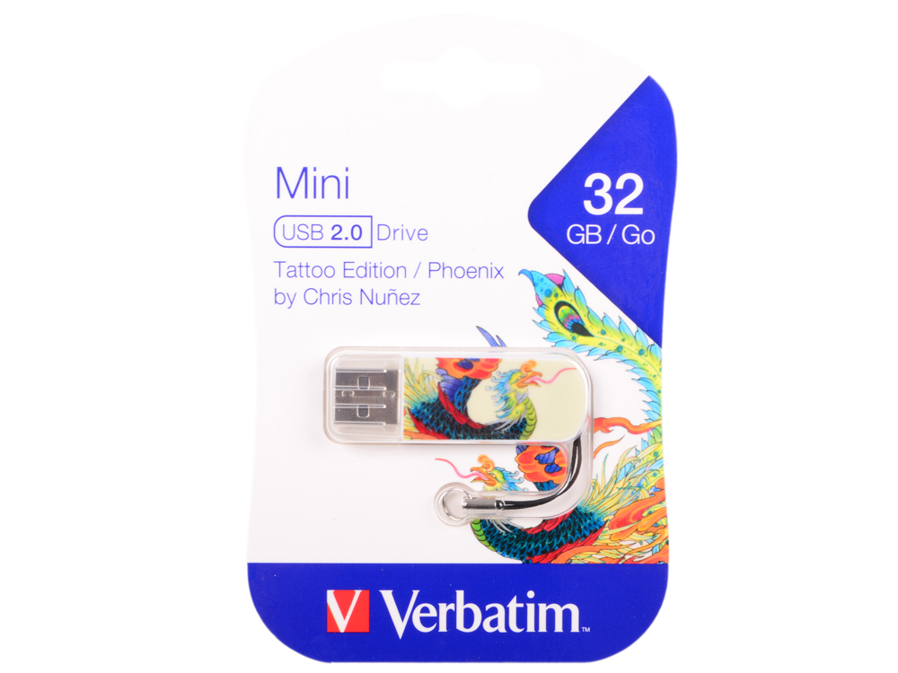 

USB флешка Verbatim Mini Tattoo Phoenix 32Gb White (49898) USB 2.0 / 8 Мб/с / 2,5 Мб/с