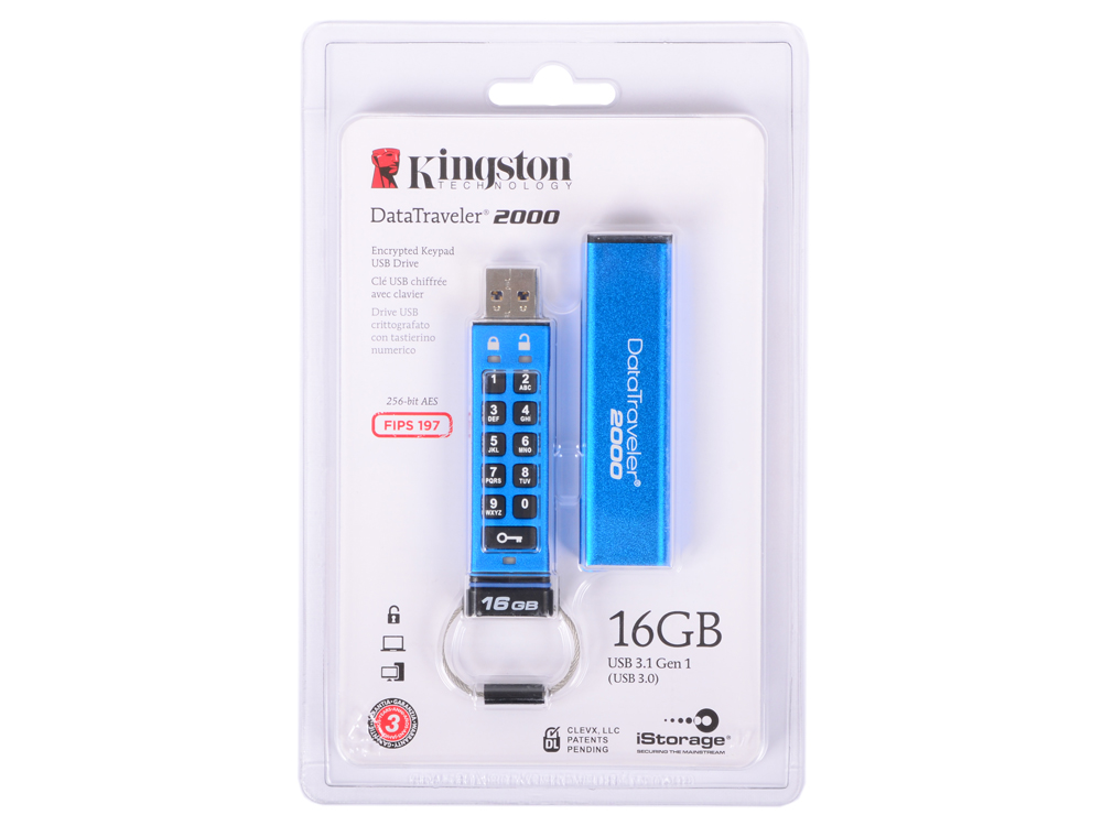 

USB флешка Kingston Keypad DataTraveler 2000 16Gb Blue (DT2000/16GB) USB 3.1 / 120 Мб/с / 25 Мб/с