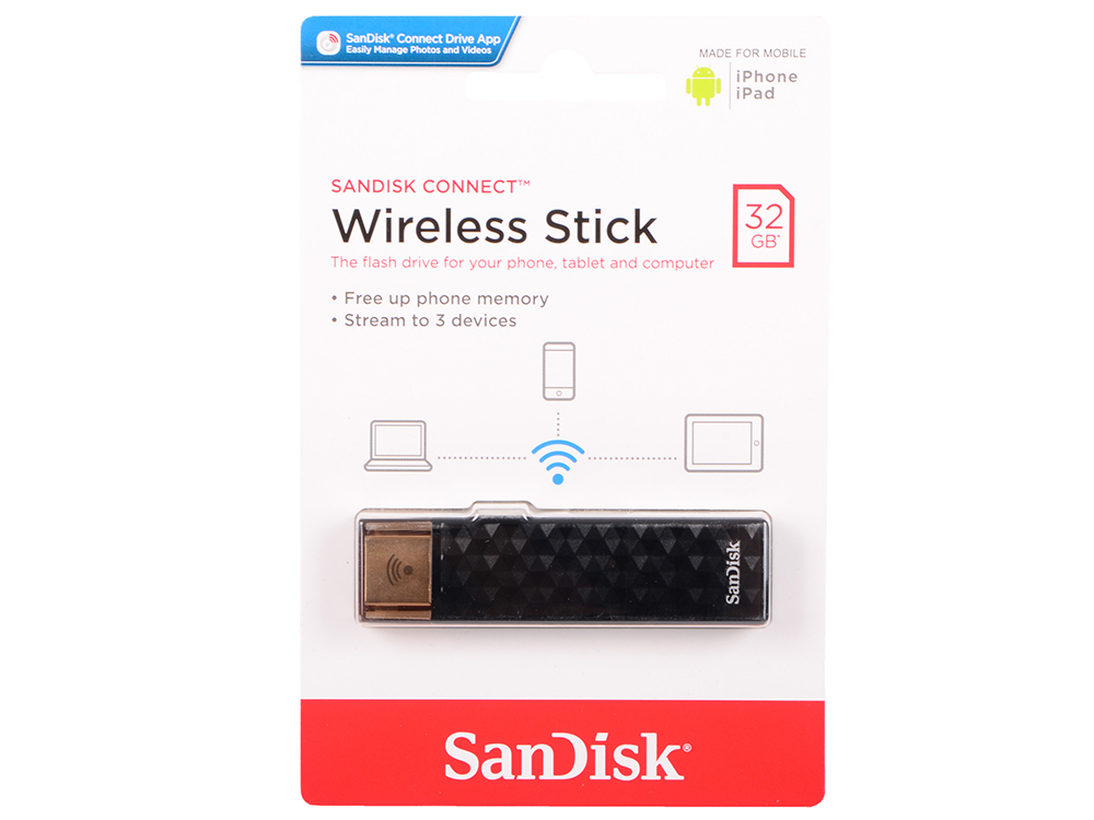 

USB флешка SanDisk Connect Wireless Stick 32GB Black (SDWS4-032G-G46) USB 2.0, Wi-Fi