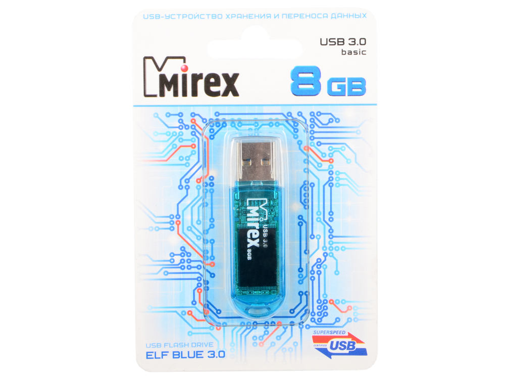 

USB флешка Mirex Elf 8GB Blue (13600-FM3BEF08) USB 3.0 / 140 Мб/сек / 28 Мб/сек